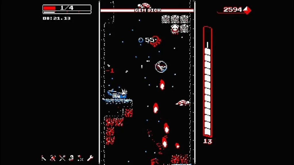 『Downwell』ガンブーツで射撃しながら下方向へ降りている画像