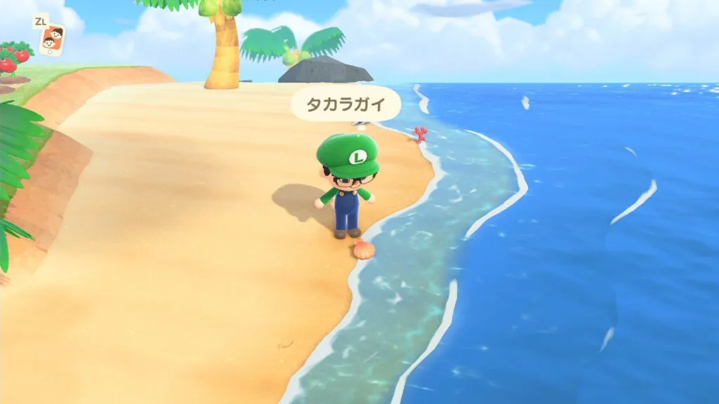 『あつまれ どうぶつの森』海岸のタカラガイを眺めている