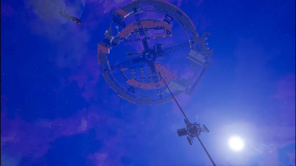 『Satisfactory』のゲーム画面。星のまたたく夜空に、巨大な建造物が写りこんでいる。