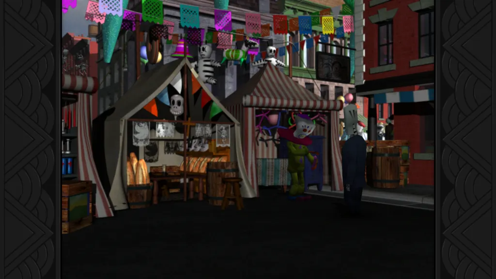 Grim Fandango、死者の日の祭りのシーン。ドクロ模様のテントなどが並んでいる。