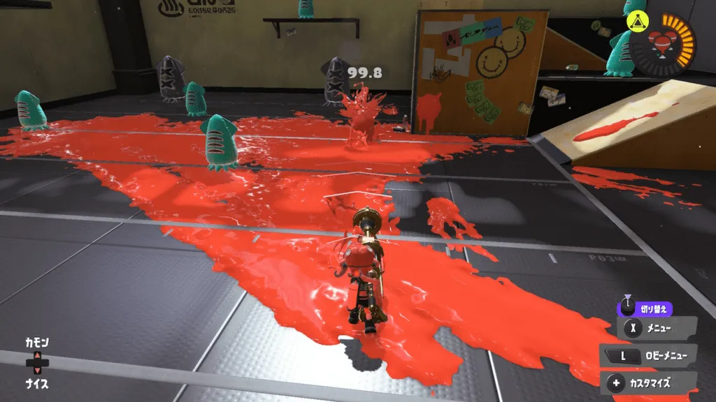 『スプラトゥーン3』のロビーで、試し撃ちをしている。