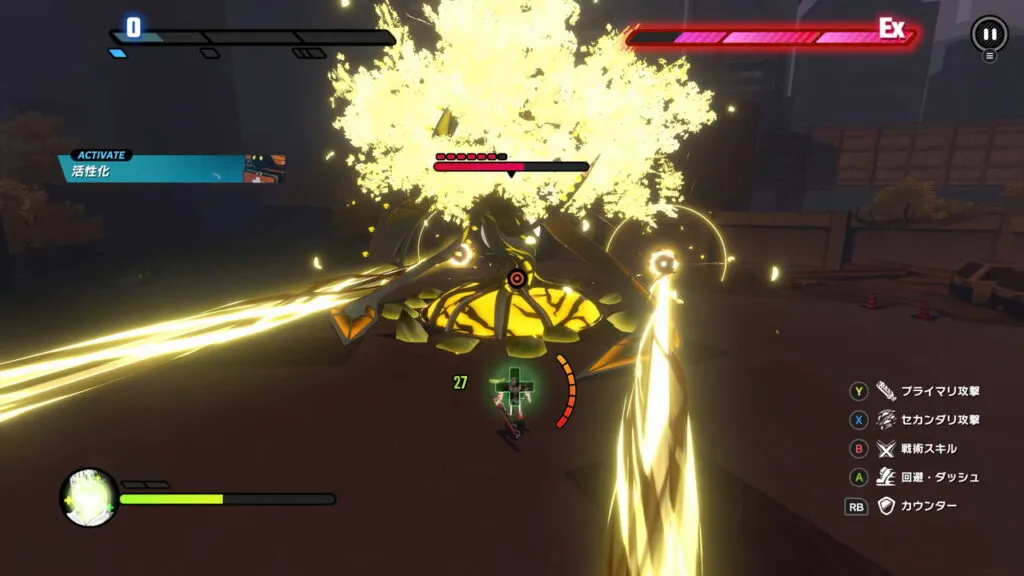 『トライブナイン』のゲーム画面。楽座怪のビットがビームを撃つ場面。