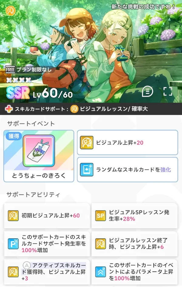 『学園アイドルマスター』におけるサポートカード【新たな挑戦の成功ですわ！】のビジュアルと効果。