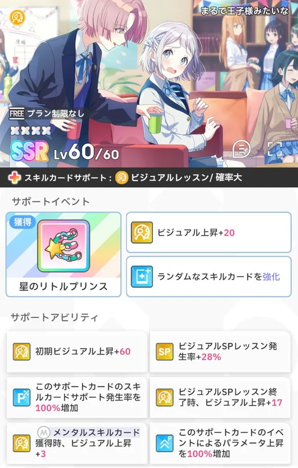 『学園アイドルマスター』におけるサポートカード【まるで王子様みたいな】のビジュアルと効果。