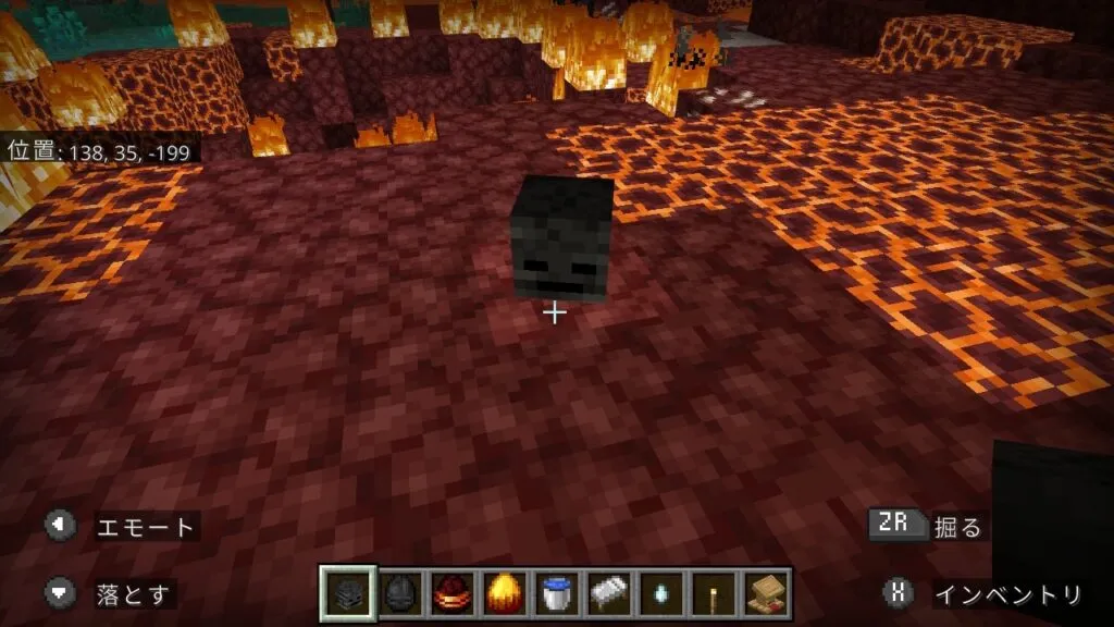 『マイクラ』ウィザースケルトンの頭蓋骨の前に立つプレイヤー。