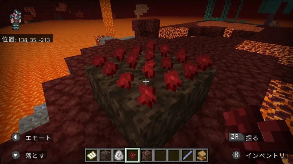 『マイクラ』ネザーウォートの前に立つプレイヤー。