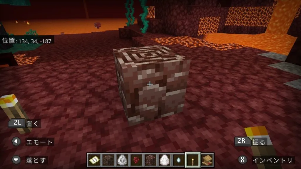 『マイクラ』古代の残骸の前に立つプレイヤー。