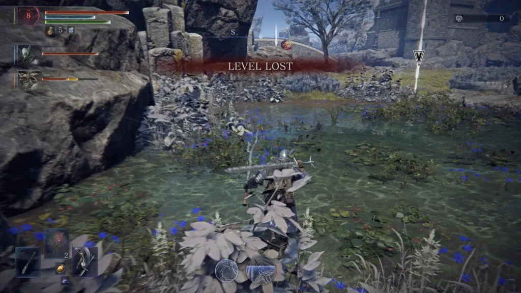 『ELDEN RING NIGHTREIGN』のゲーム画面。デスペナルティによりレベルが低下した場面。
