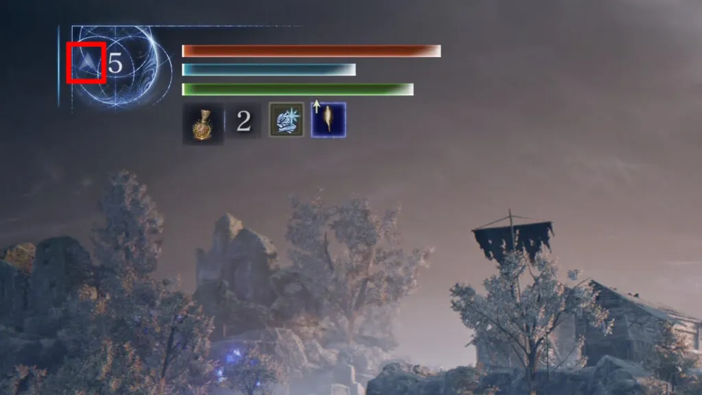 『ELDEN RING NIGHTREIGN』のゲーム画面。レベルアップ可能な合図となる矢印。