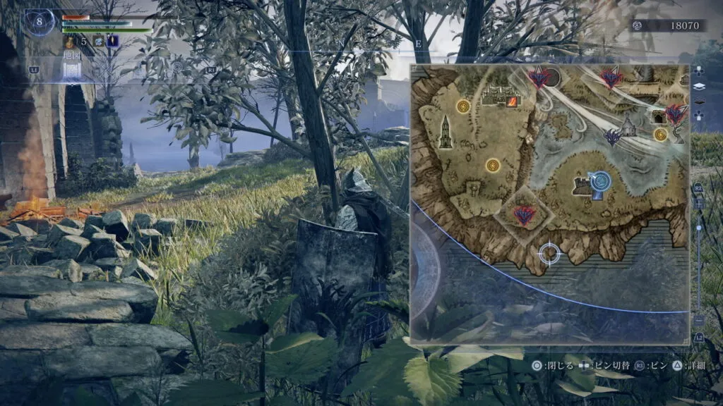 『ELDEN RING NIGHTREIGN』のゲーム画面。恐るべき強敵の位置が示された地図。