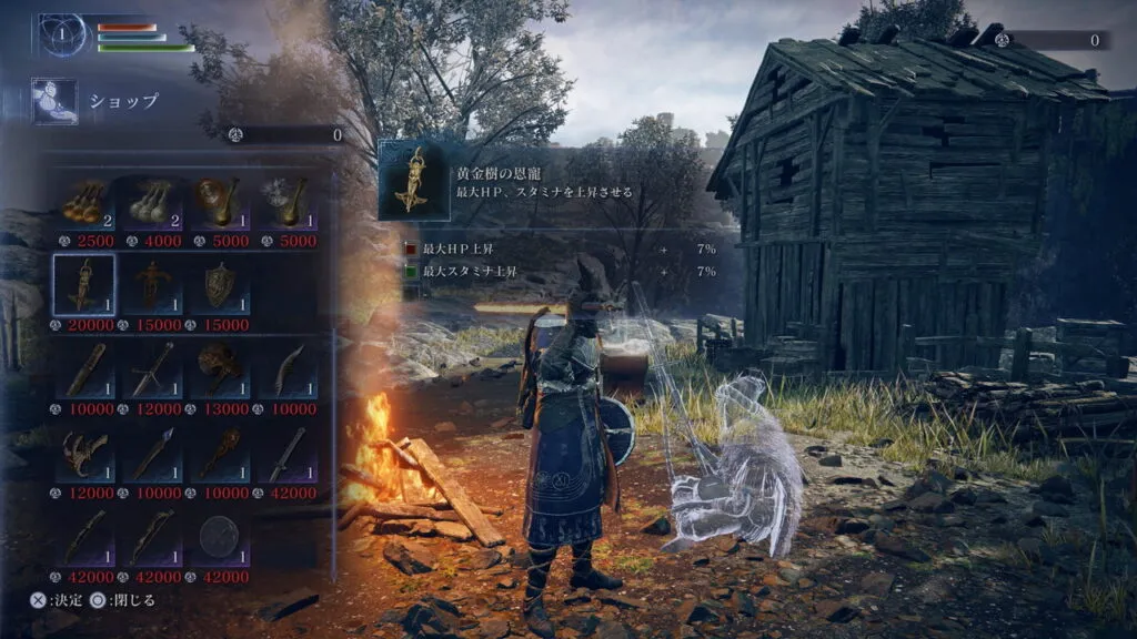 『ELDEN RING NIGHTREIGN』のゲーム画面。村にいる特別な商人の品揃えを確認している場面。