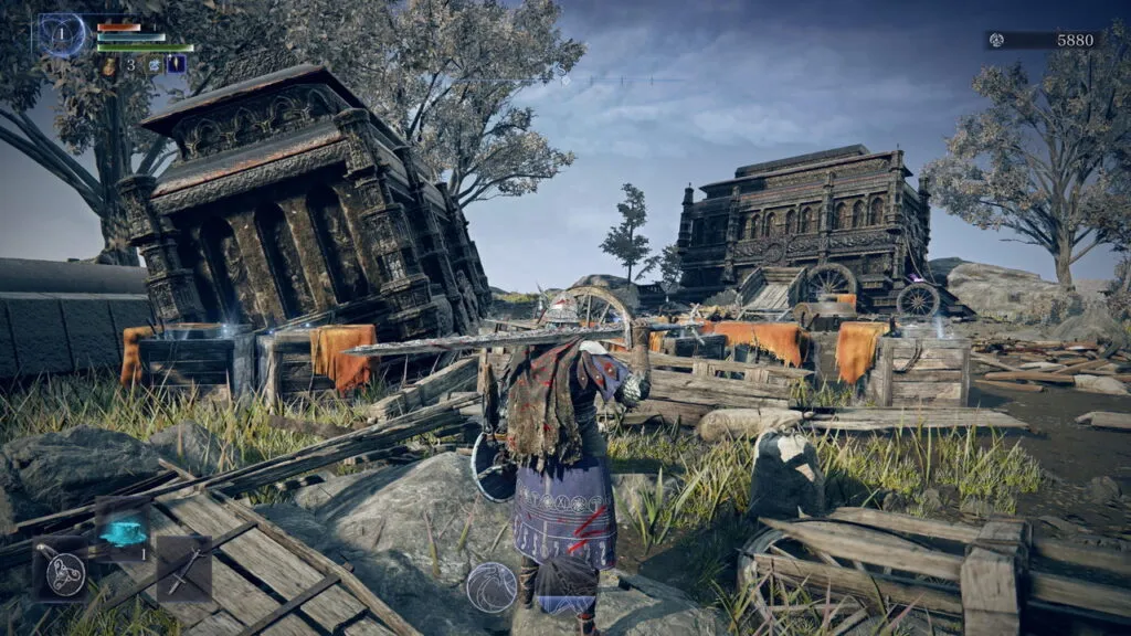 『ELDEN RING NIGHTREIGN』のゲーム画面。スタート地点に存在する鉄の荷馬車。