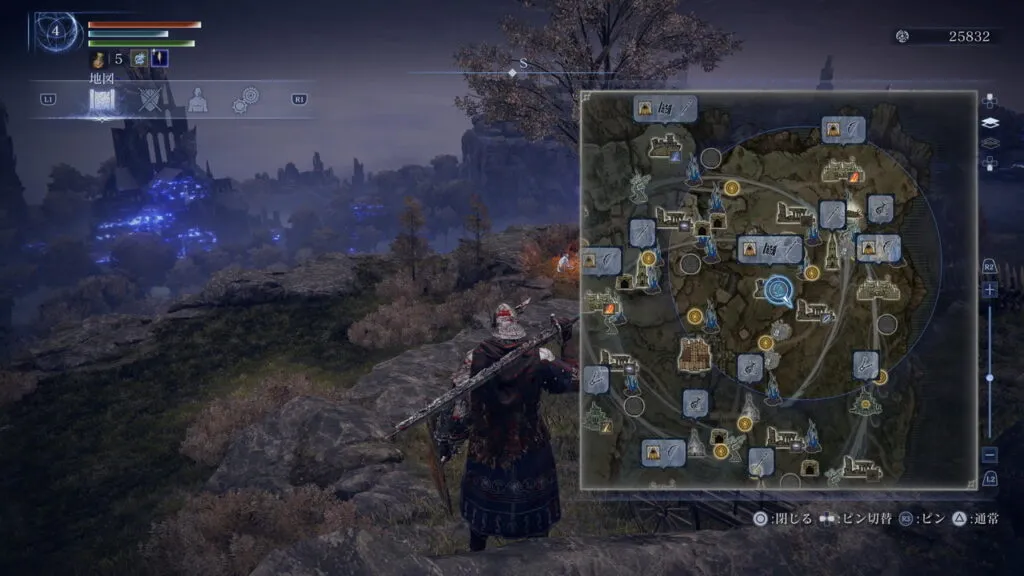 『ELDEN RING NIGHTREIGN』のゲーム画面。地図で商人などのアイコンを表示している場面。