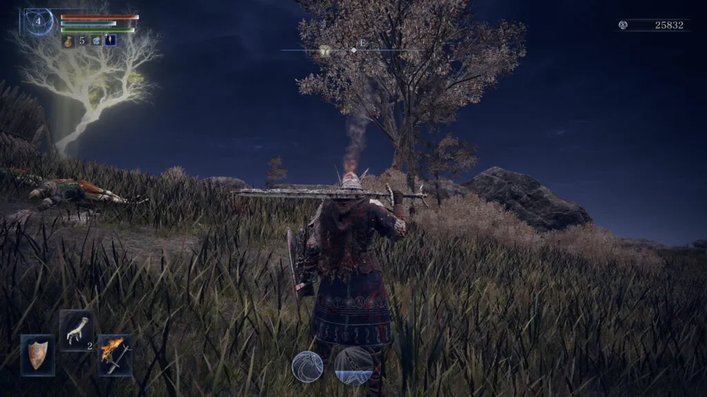 『ELDEN RING NIGHTREIGN』のゲーム画面。煙を頼りに商人を探している場面。