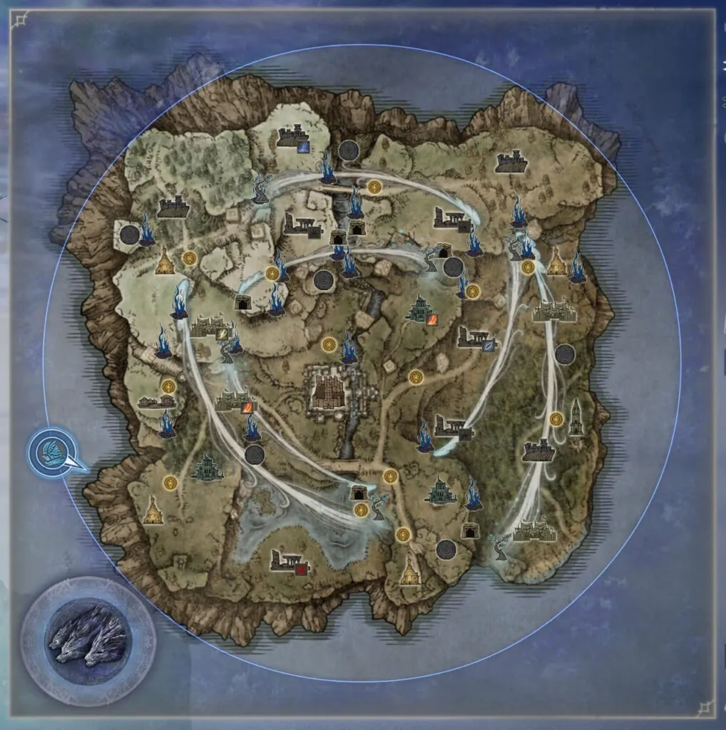 『ELDEN RING NIGHTREIGN』のゲーム画面。ゲーム内で確認できる地図と各攻略拠点のアイコン。