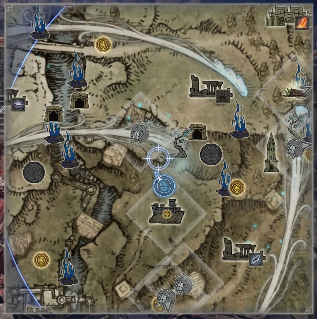 『ELDEN RING NIGHTREIGN』のゲーム画面。小砦の地図でスカラベの配置情報を獲得した場面。
