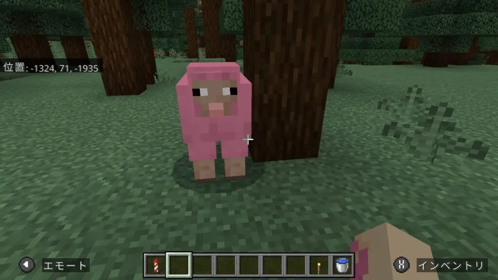 『マイクラ』ピンク羊の前にいるプレイヤー。