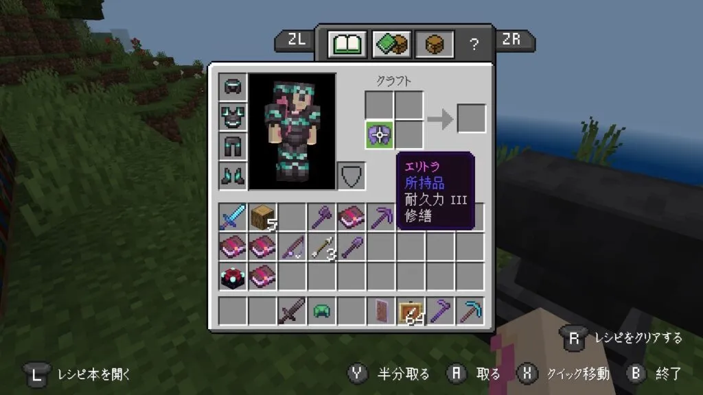『マイクラ』エリトラに付いているエンチャントを確認している。