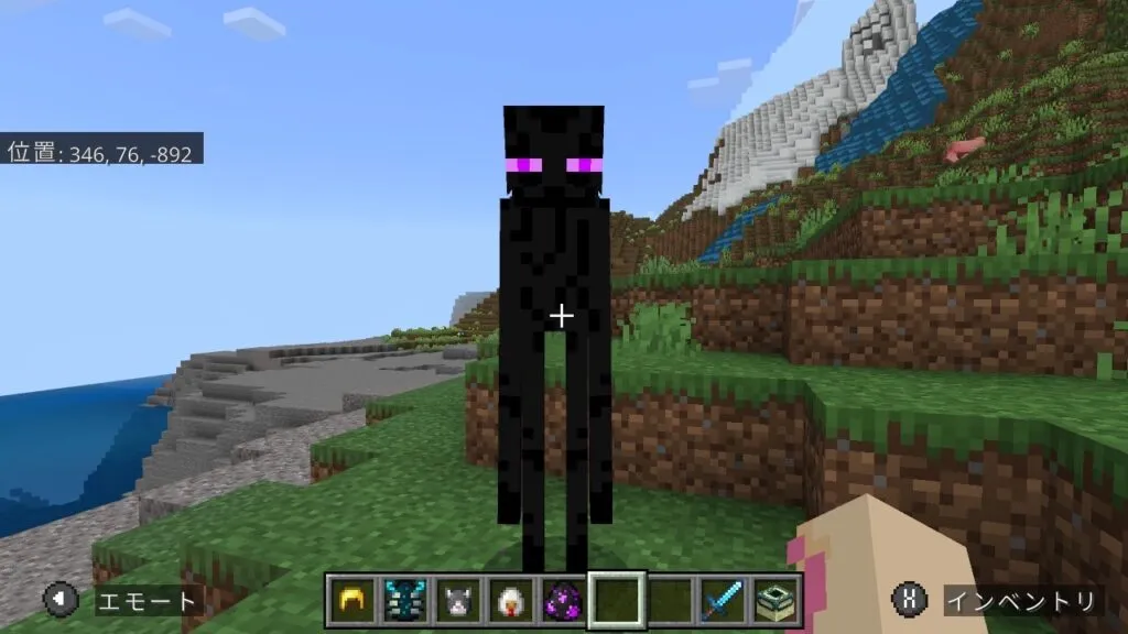 『マイクラ』エンダーマンの前に立つプレイヤー。