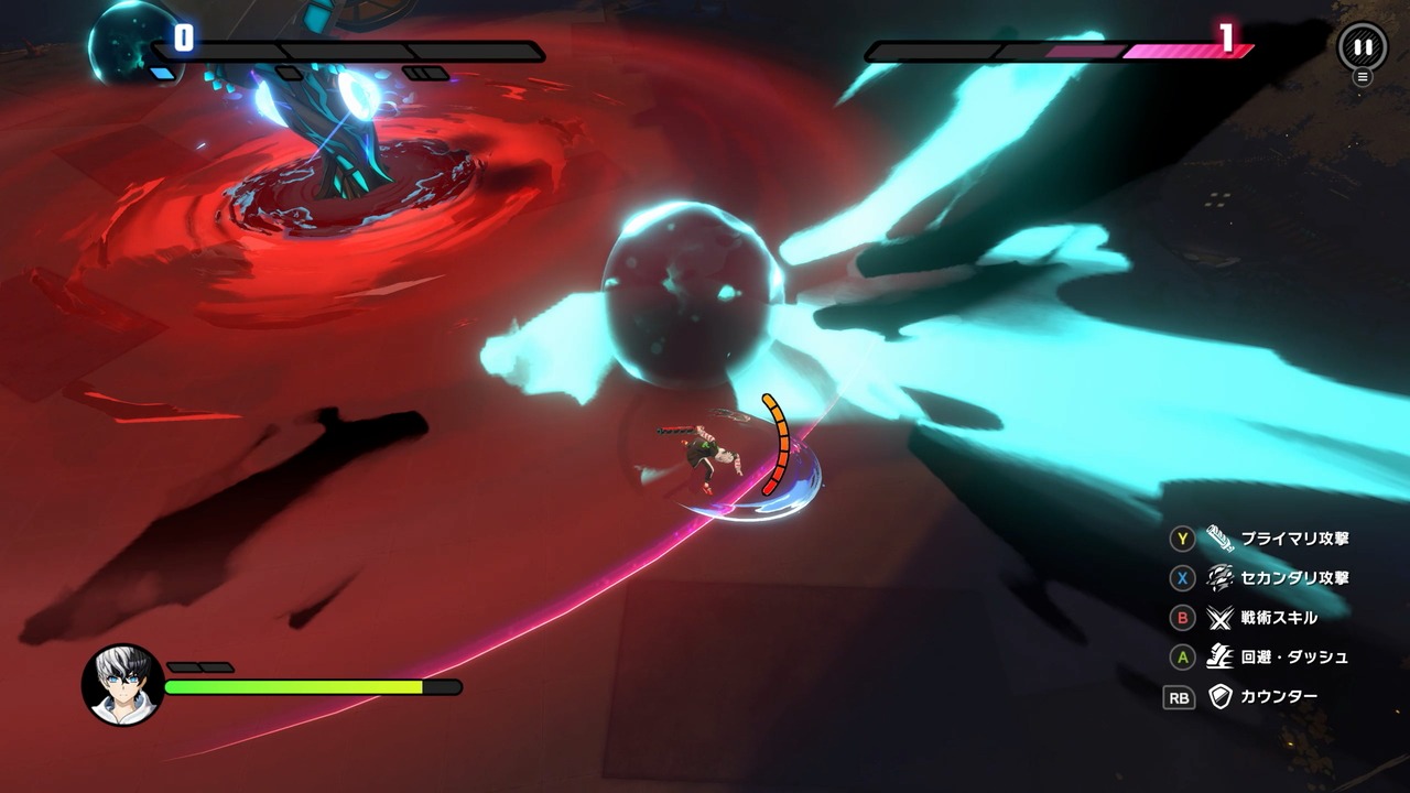 『トライブナイン』のゲーム画面。楽座怪の墨を撃ち返している場面。