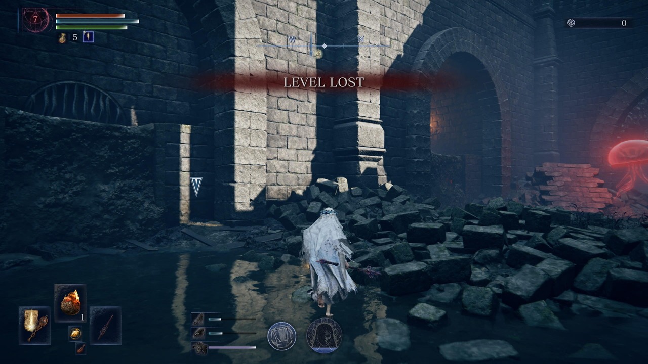 『ELDEN RING NIGHTREIGN』のゲーム画面。死亡してレベルが下がってしまった場面。